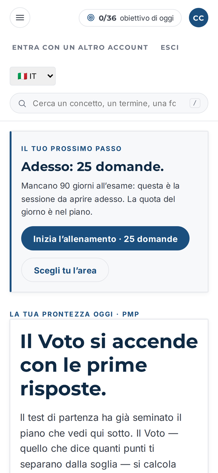 La home del simulatore sul telefono: prossimo passo e Voto di prontezza